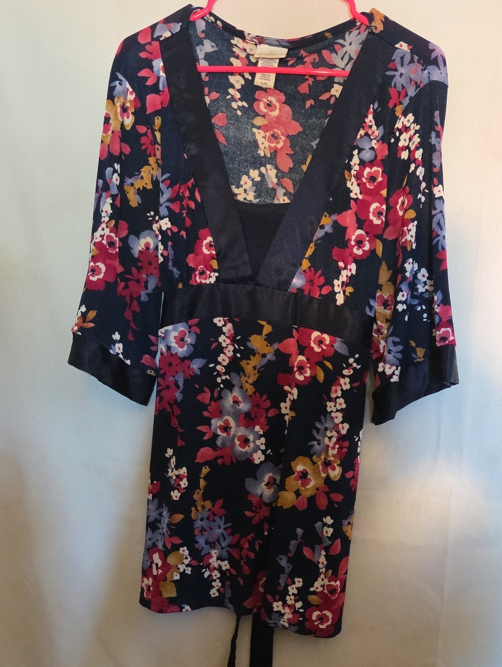Floral V-Neck Women's Dress - Navy with Pink & Yellow Blooms